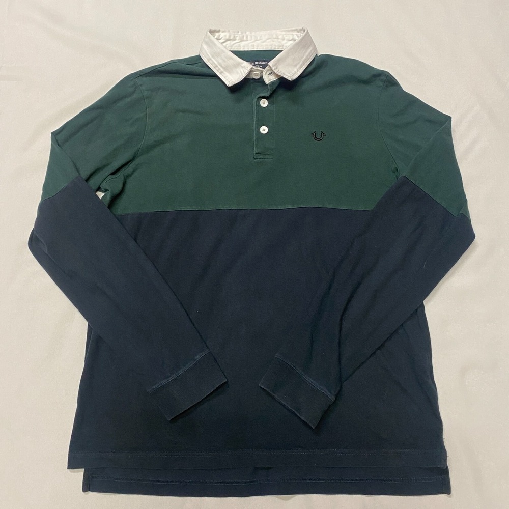 True Religion Rugby Shirt Mens Large Navy Green Classic Y2k Long Sleeve Collared